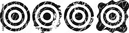 Worn grunge target circles, distressed bullseye marks in black with irregular edges