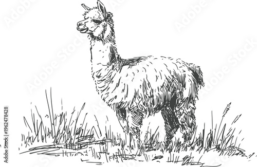 llama standing in grassy field hand drawn sketch of an alpaca with long neck and woolly coat