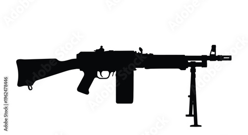Silhouette of a machine gun with bipod depicted in stark contrast