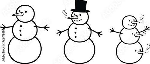 Cartoon snowman silhouette vector illustration set featuring smoking carrot noses, top hat, playful winter festive humorous design artwork collection