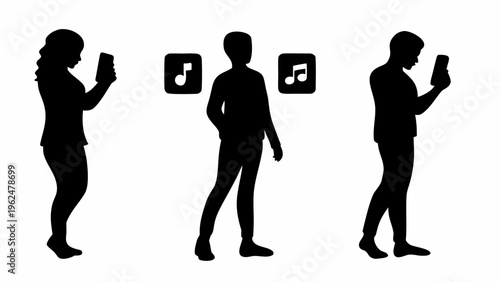 Silhouettes of people using music streaming app on smartphones with playlist and song icons