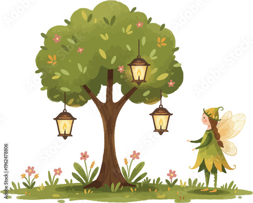 Whimsical illustration of a fairy standing next to a tree with hanging lanterns in a lush green environment