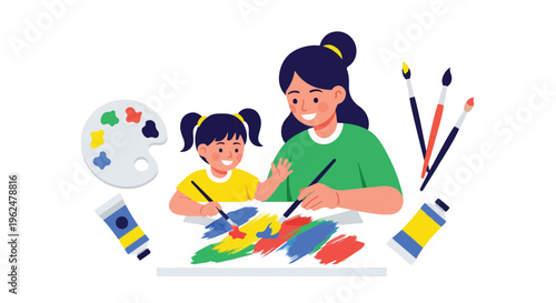A woman and a young girl painting together with colorful brushes and paints on a table with a palette.