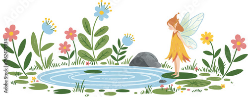 Whimsical illustration of a fairy standing by a serene pond surrounded by vibrant flowers and lush greenery in a magical setting