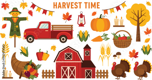 Harvest Time Collection with Scarecrow, Truck, Pumpkins, Turkeys, and Fall Decorations