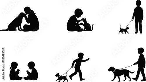 Children and pets silhouette vector illustration set featuring playful companionship, walking dogs, petting cats, running, caring animal design artwork collection