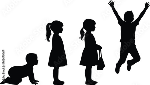 Children silhouette vector illustration set showing growth stages from crawling baby to active youth, playful development design artwork collection