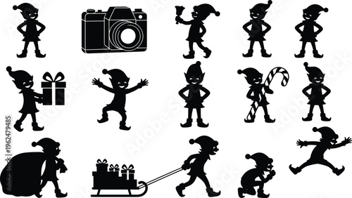 Christmas elf silhouette vector collection featuring festive characters with gifts, sleigh, candy cane, bell, sack, camera in playful holiday design