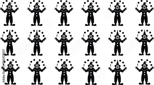 Clown silhouette vector illustration set featuring juggling performance with pointed hats, playful circus entertainment design artwork collection festive
