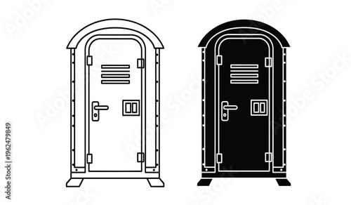 Fotografija Two portable toilet doors in silhouette black and white illustration