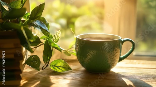Green coffee mug beside houseplant on wooden surface sunlight