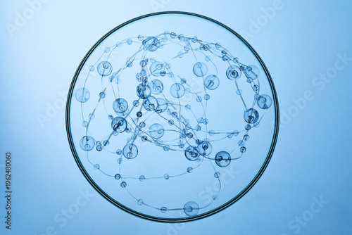 Abstract cosmetic lab. Blue petri dish with abstract scientific molecular structure
