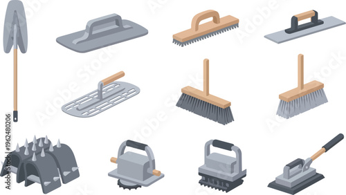Concrete finishing tools set with plastering trowels floats floor brooms and spiked shoes for professional construction.