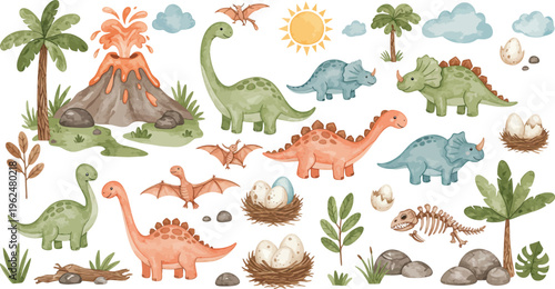 Colorful illustration of various dinosaurs and prehistoric elements in a whimsical setting