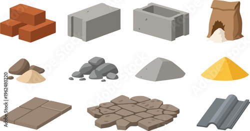 Construction materials set including bricks, concrete blocks, cement bag, sand, gravel, roof tiles.