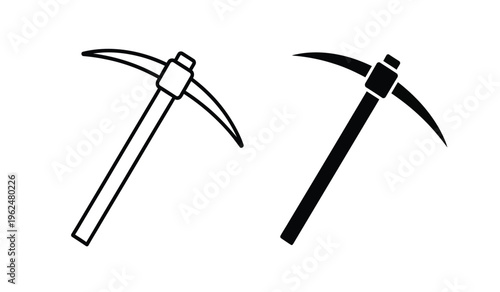 Silhouette of two pickaxes with curved blades and long handles
