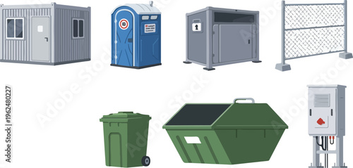Construction site facilities including portable toilet and container and waste dumpsters for industrial project logistics.