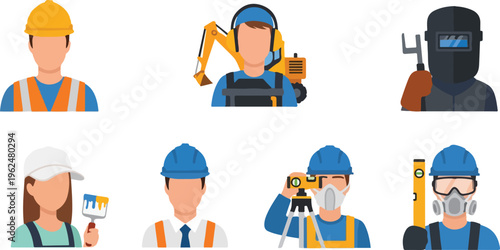 Construction worker avatars including engineer surveyor welder painter and heavy equipment operator icons for industry.