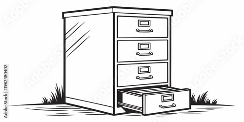 An old wooden filing cabinet with a drawer open on a grassy surface