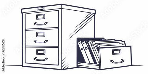 A black and white illustration of a three-drawer filing cabinet with an open drawer.