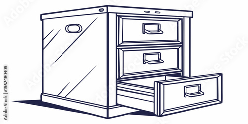 A vintage wooden filing cabinet with three drawers, one partially open.