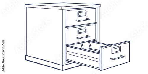 A vintage wooden filing cabinet with three drawers and one open drawer