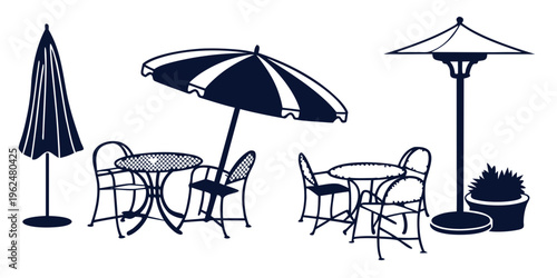 A serene outdoor seating area with umbrellas and potted plants for shade and decoration.