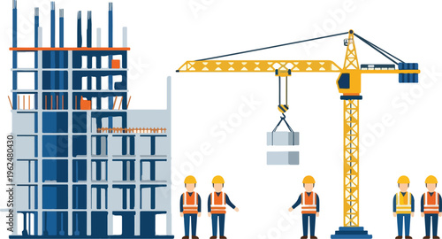 Illustration of building under construction with crane lifting materials and several construction workers standing by.