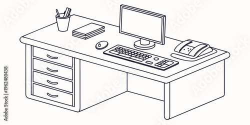 A well-organized office desk with computer and office supplies
