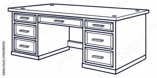 A large wooden desk with multiple drawers and a spacious work surface.