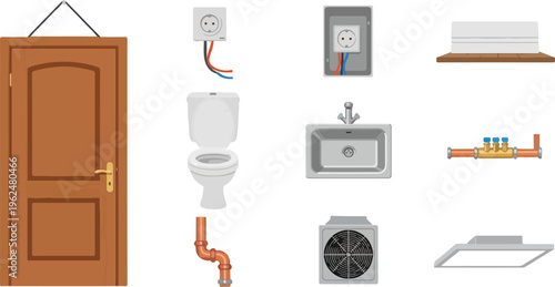 Interior home elements construction components vector illustration set on transparent background.