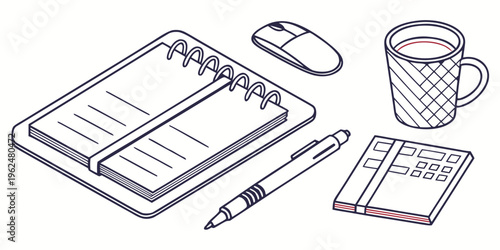 A desk setup with a notebook, pen, mouse, coffee cup, and calendar.