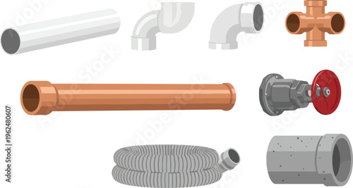 Plumbing pipes and fittings in isometric view showing copper and PVC pipes elbows tees and valve for water system.