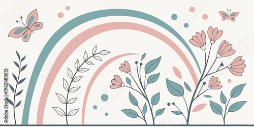 A vibrant and colorful illustration of a rainbow arching over a field of flowers