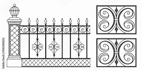 Intricate iron gate with decorative patterns and a small tower on the left side.