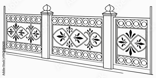 Intricate wrought iron fence with floral and geometric designs