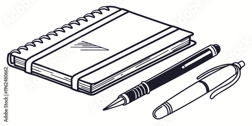 A notebook with a pen and pencil resting on top, ready for use.