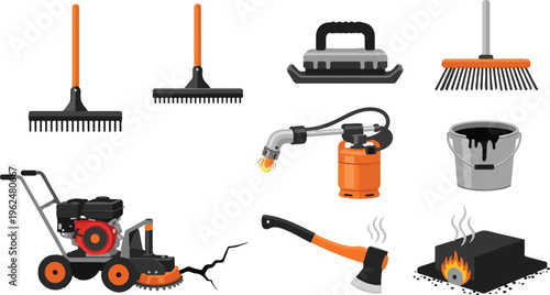 Road maintenance tools with asphalt cutter and burner and rakes for pavement repair and professional construction service.
