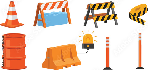 Road barrier set isolated flat cartoon warning signs and elements for construction site and traffic control.