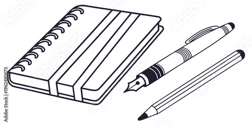 A notebook with a pen and pencil resting on it, ready for writing or drawing.