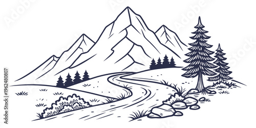 A serene mountain landscape with winding paths and tall pine trees