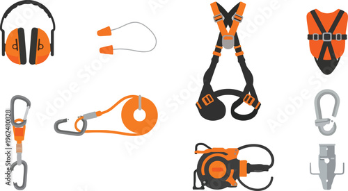 Set of isolated flat cartoon worker equipment for safe work and industrial safety accessories for protection.