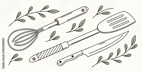 A collection of cooking utensils and tools illustrated in a vintage style