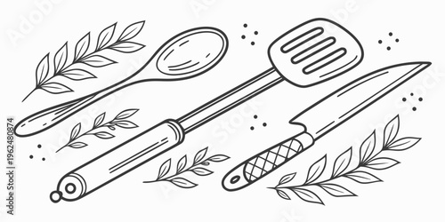 A detailed illustration of various kitchen utensils surrounded by leaves