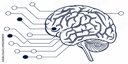 Illustration of a human brain connected to various technological components