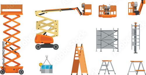Set of various construction lifting equipment including scissor lifts boom lifts and scaffolding on transparent background.
