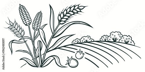 A detailed illustration of a wheat plant with grains and a mouse nearby