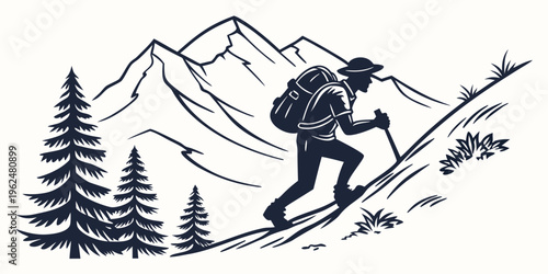 A hiker with a backpack trekking up a steep mountain trail surrounded by trees