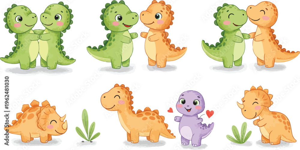 Fototapeta premium Colorful cartoon dinosaurs in various poses and emotions on white background