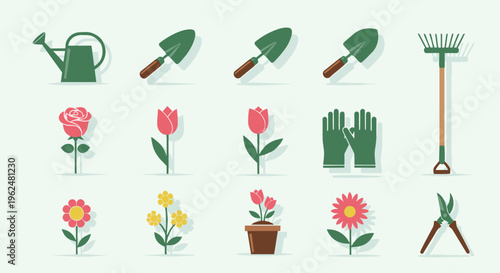 gardening tools set flower, tulip, vector, icon, spring, illustration, nature, plant, floral, 